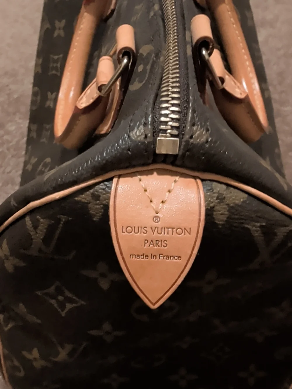 Louis Vuitton Monogram Canvas Speedy Handbag in Brown with Natural Leather Trim